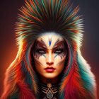 Colorful Woman with Elaborate Feather Headdress and Face Paint