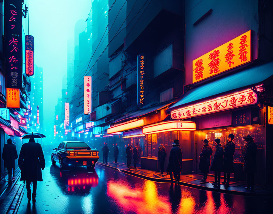 Rainy Night Neon-lit Street Scene with Pedestrians and Car