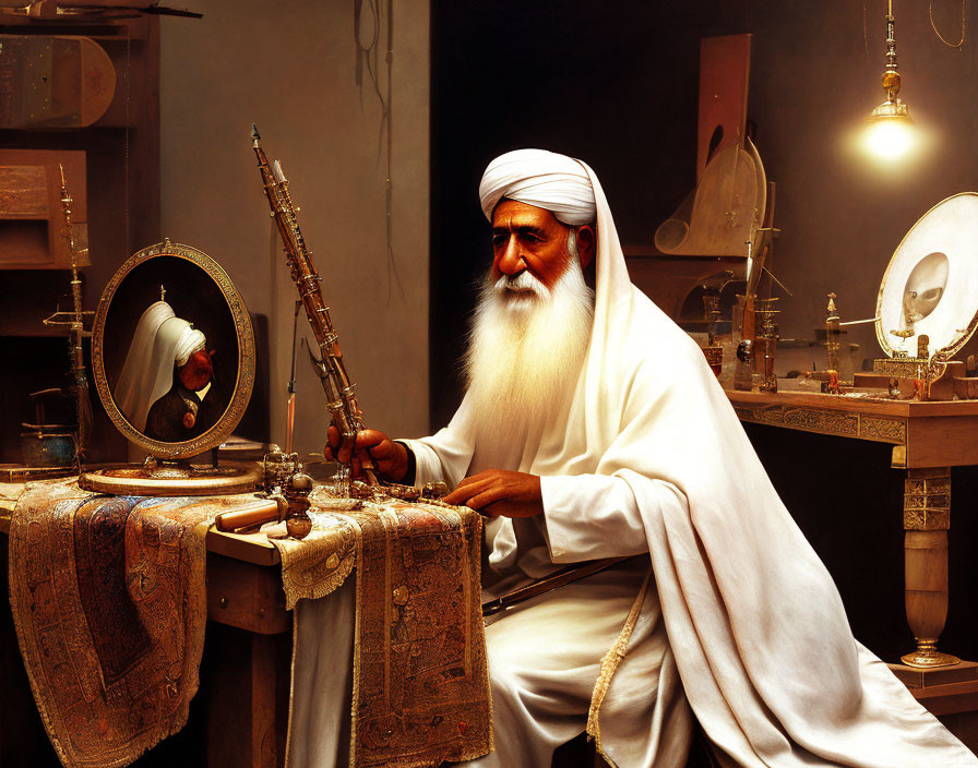 Elderly man in turban works on vintage tools at desk