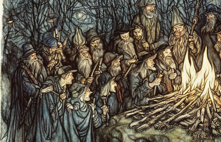 Medieval figures in pointed hats around bonfire in dark forest