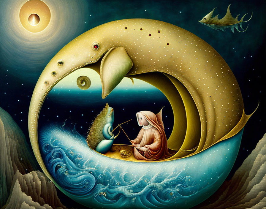 Surreal illustration of fish-like creature with woman knitting in wavy seas