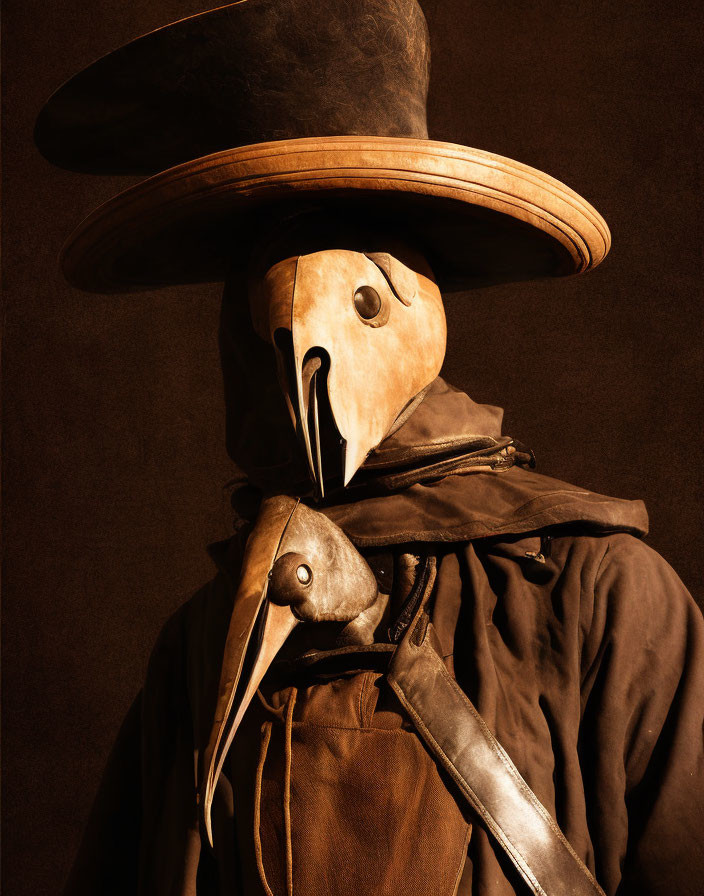 Plague doctor costume with beaked mask and cloak on brown background