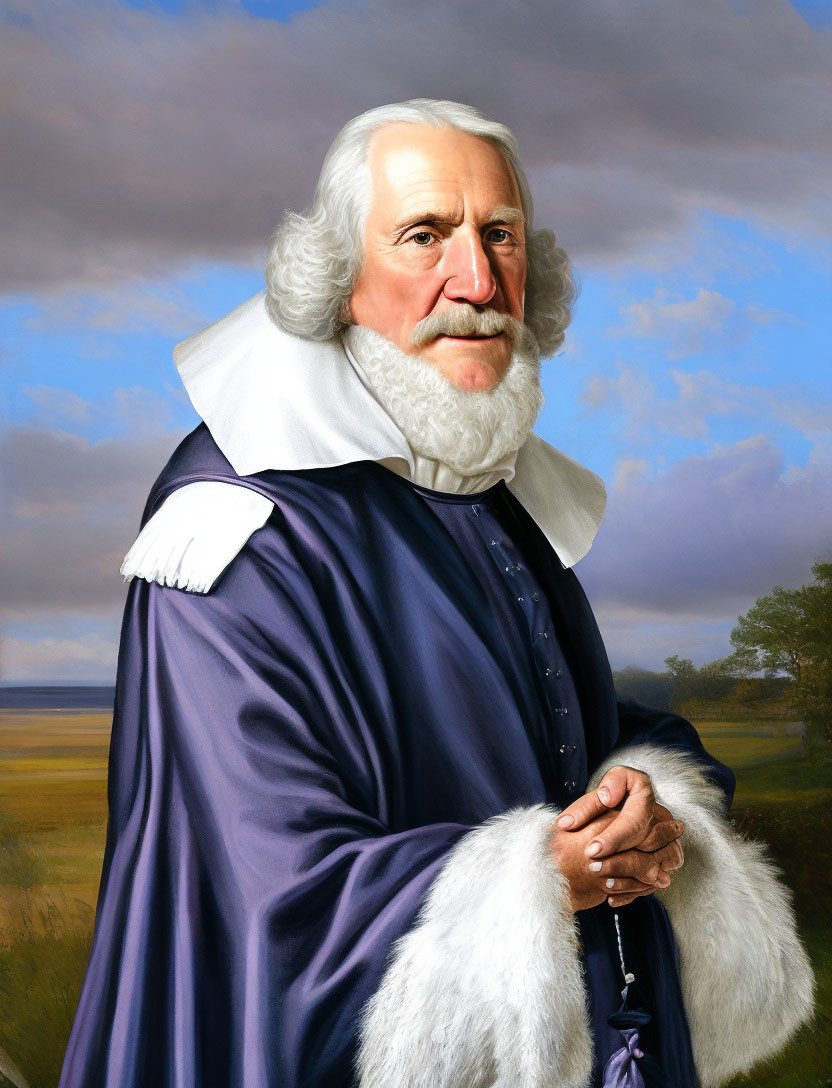 White-haired man in blue robe against landscape backdrop