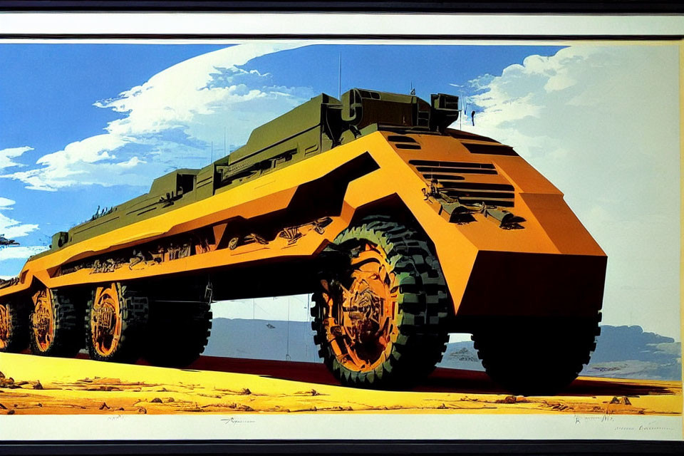 Futuristic orange and green armored vehicle in desert landscape