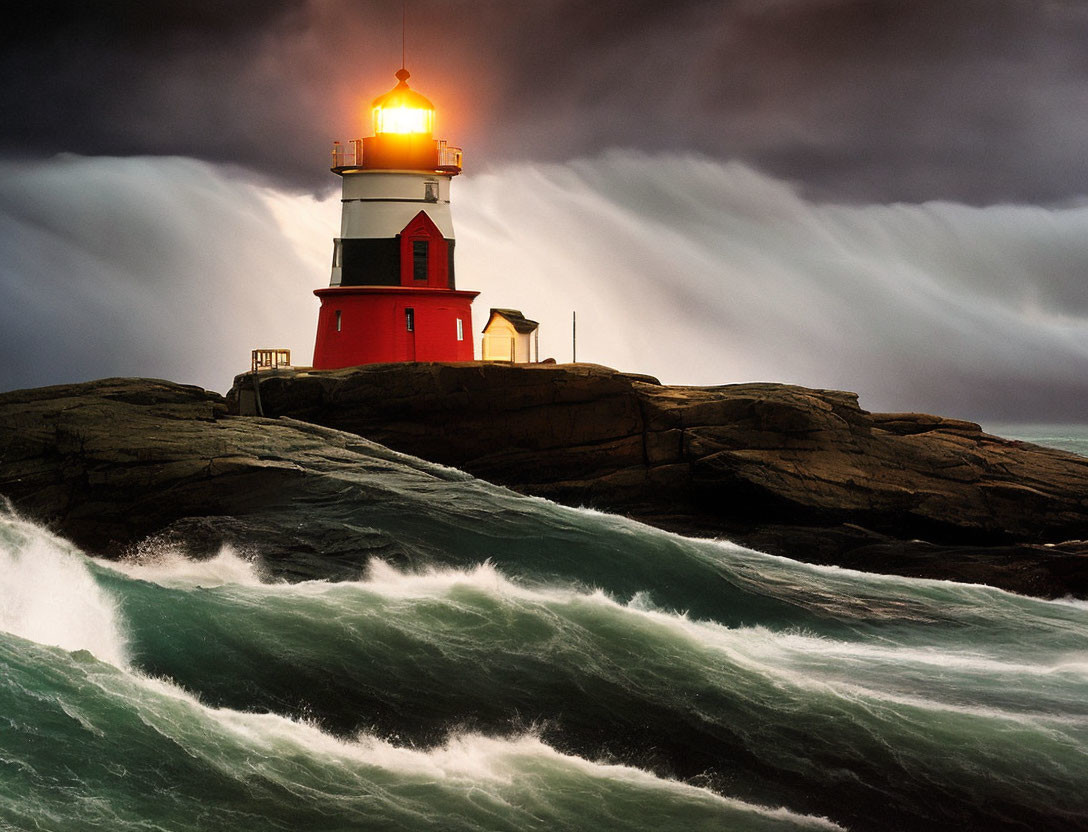 Red lighthouse on rocky cliffs under stormy sky with crashing waves