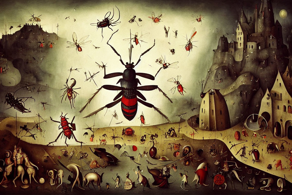 Fantastical Dark-Toned Image of Oversized Insects in Medieval Setting