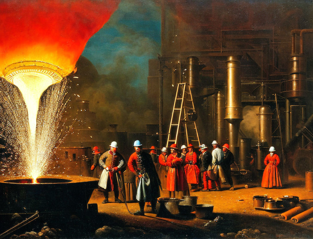 Historical industrial iron foundry workers at blast furnace.