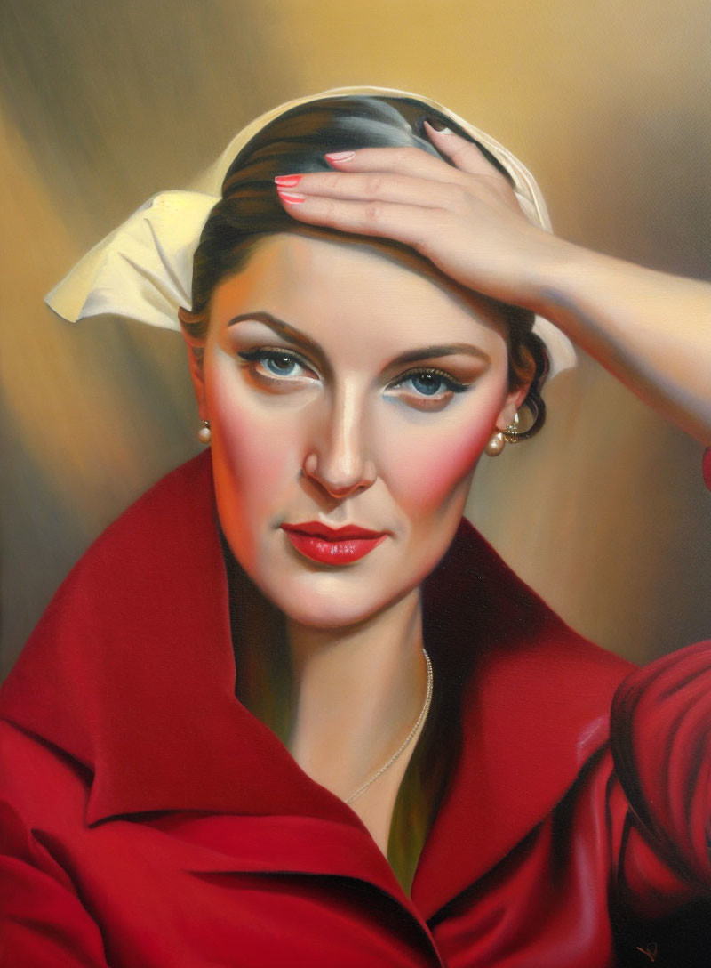 Vintage style painting of woman in red attire with white headband and hand on forehead