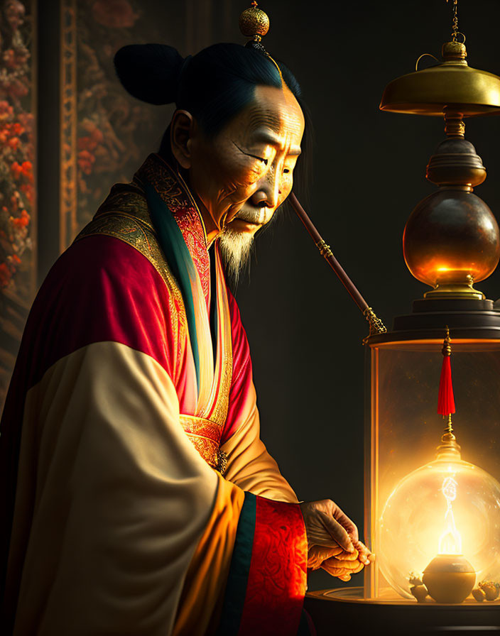 Elder in Traditional Asian Attire Contemplates Glowing Orb in Glass Case