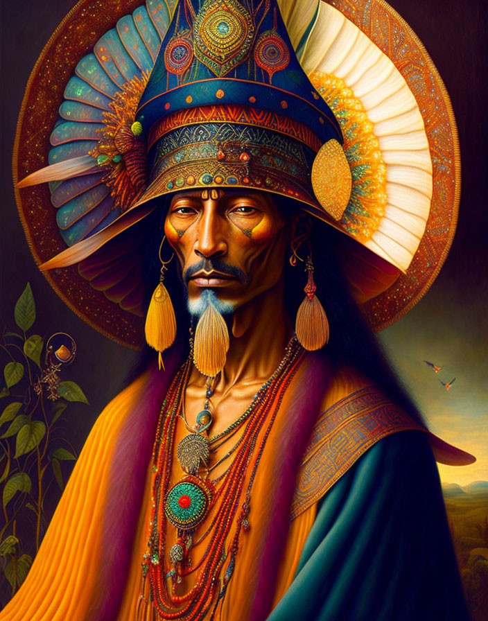 Colorful Native American-inspired regal figure painting with ornate headdress.