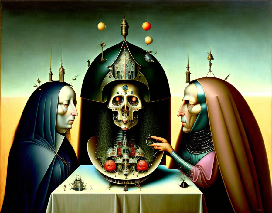 Surreal Painting: Robed Figures, Mechanical Head, Floating Spheres