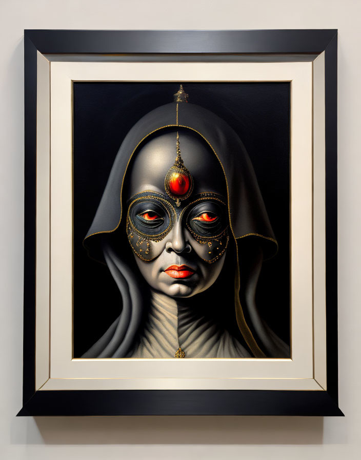 Surreal portrait with ornate facial decoration in black garment