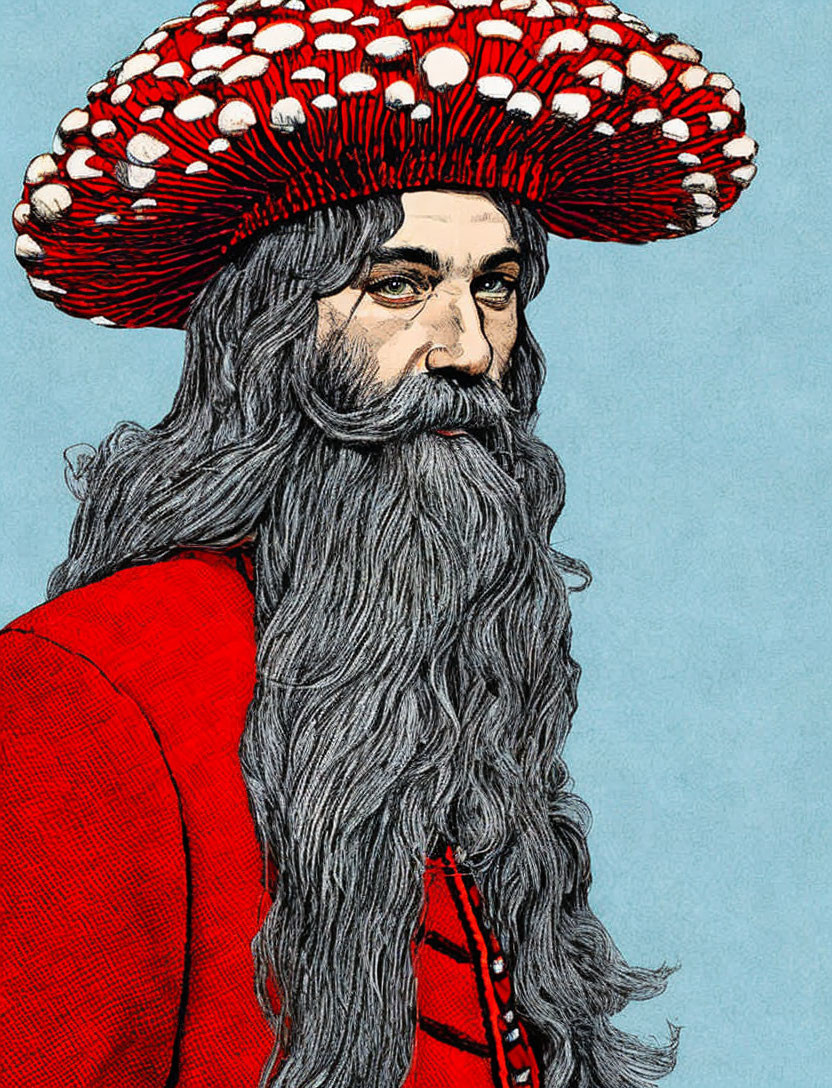 Illustrated man with long gray beard in red outfit and mushroom hat on blue background