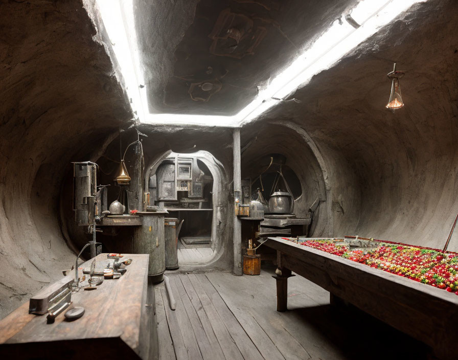 Rustic underground room with mining equipment and green terrain model table