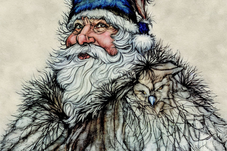 Detailed Santa Claus with rosy cheeks and blue hat, accompanied by white owl.