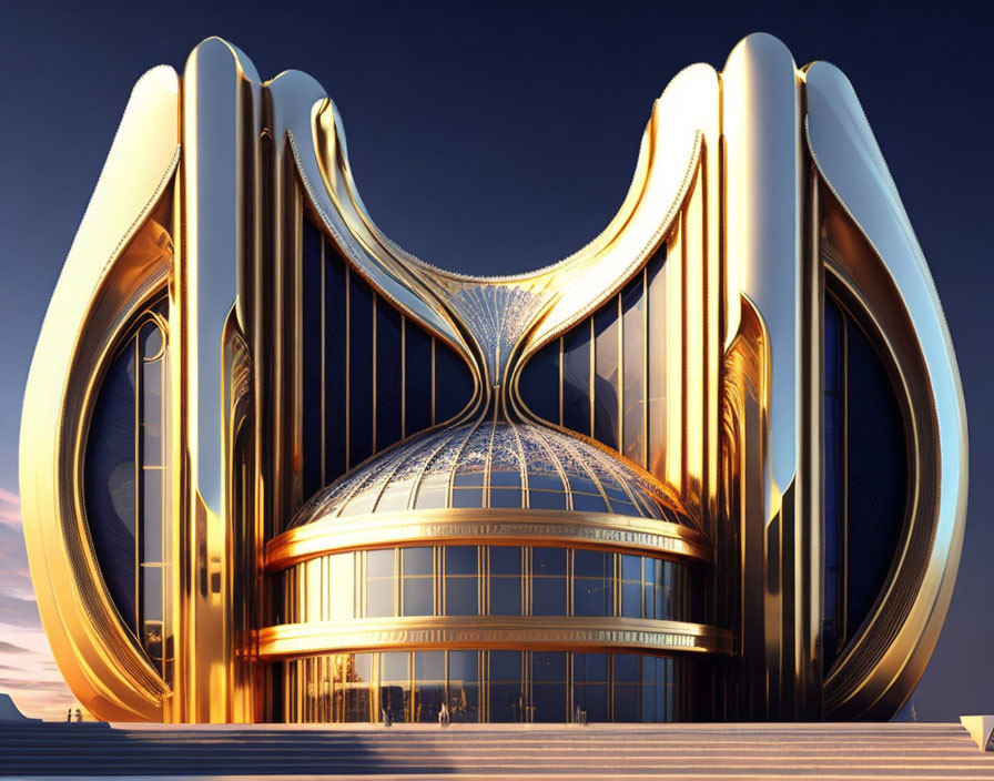 Fluid Golden Futuristic Building with Musical Notation Patterns