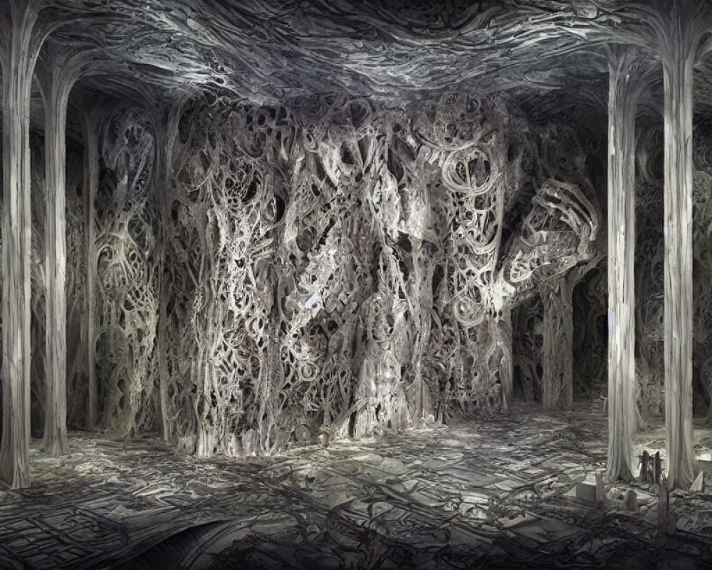 Gothic cavern with intricate web-like structures for a haunted atmosphere