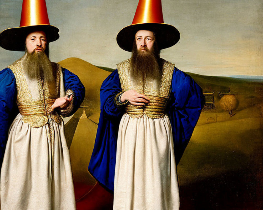 Traditional Ottoman attire: Two men in red fez hats and long beards against landscape.