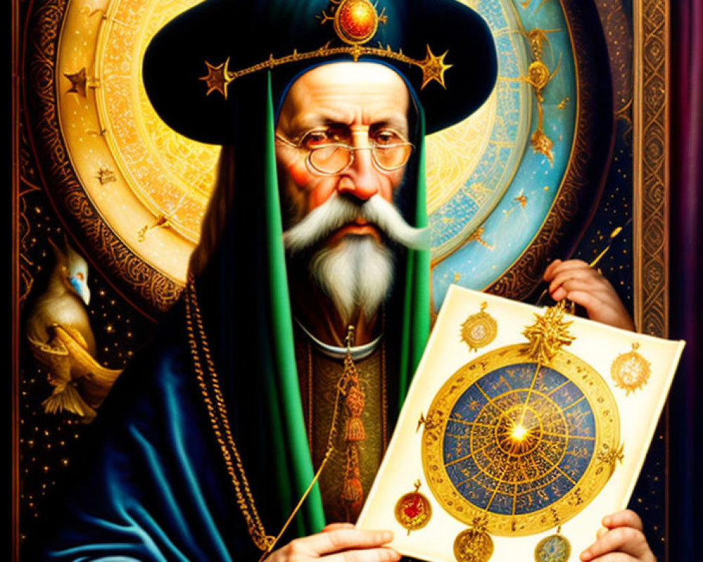 Wizard with astrolabe in celestial-themed attire against starry backdrop