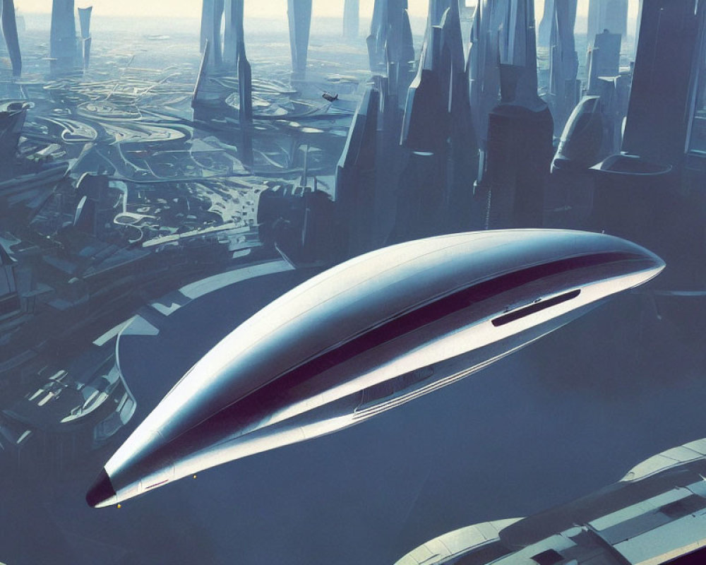 Futuristic spacecraft above advanced cityscape with skyscrapers