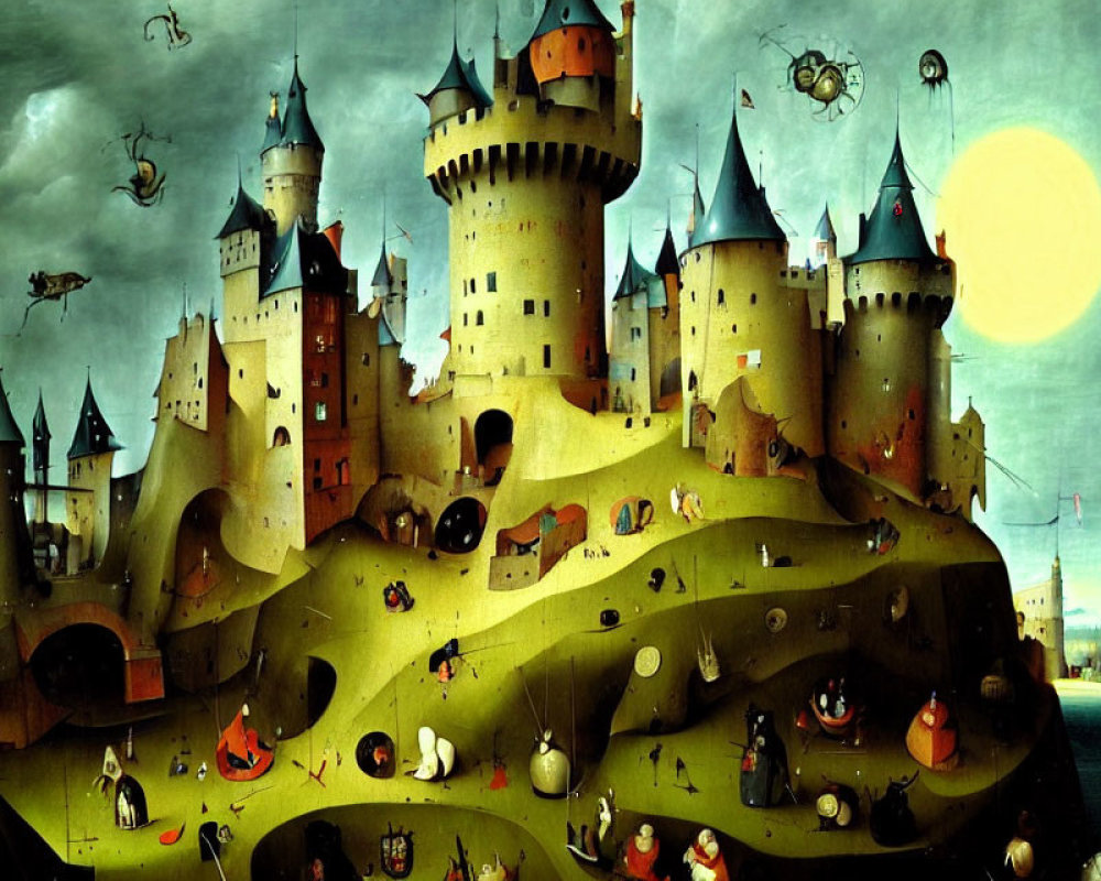 Fantastical landscape with large castle, rolling hills, flying ships, and whimsical creatures