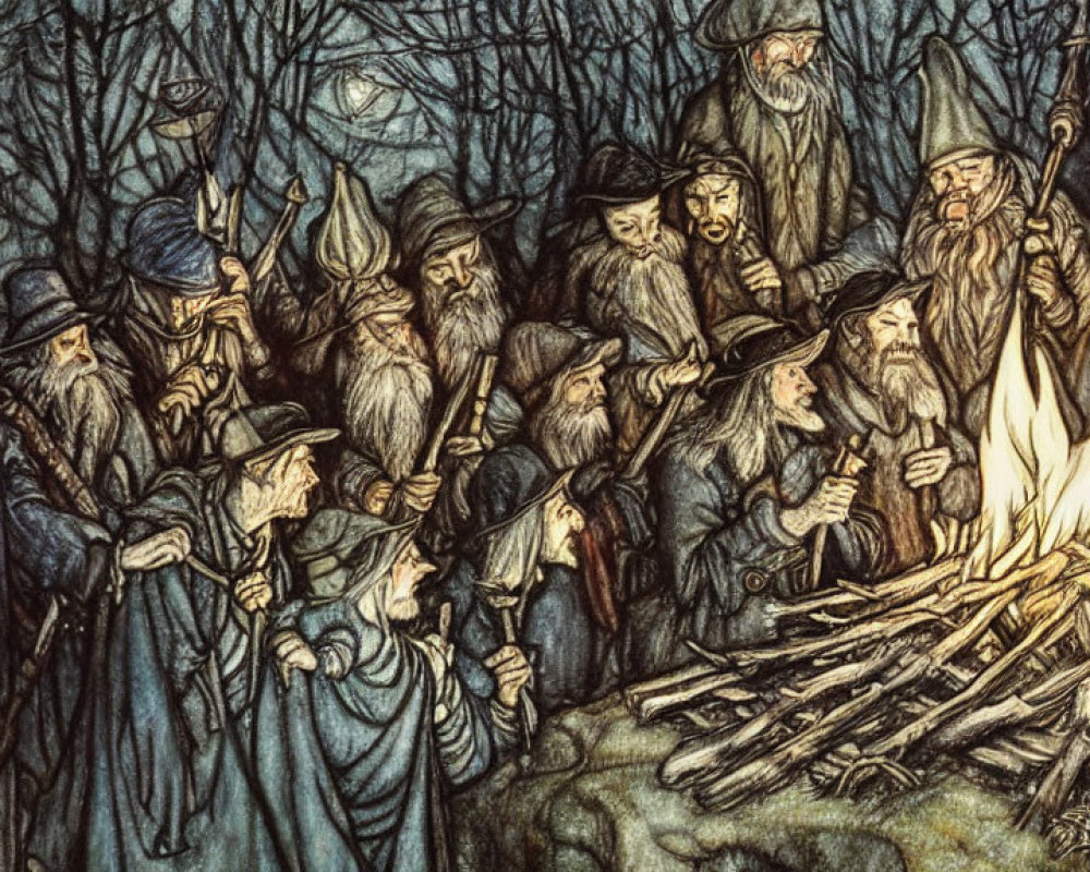 Medieval figures in pointed hats around bonfire in dark forest