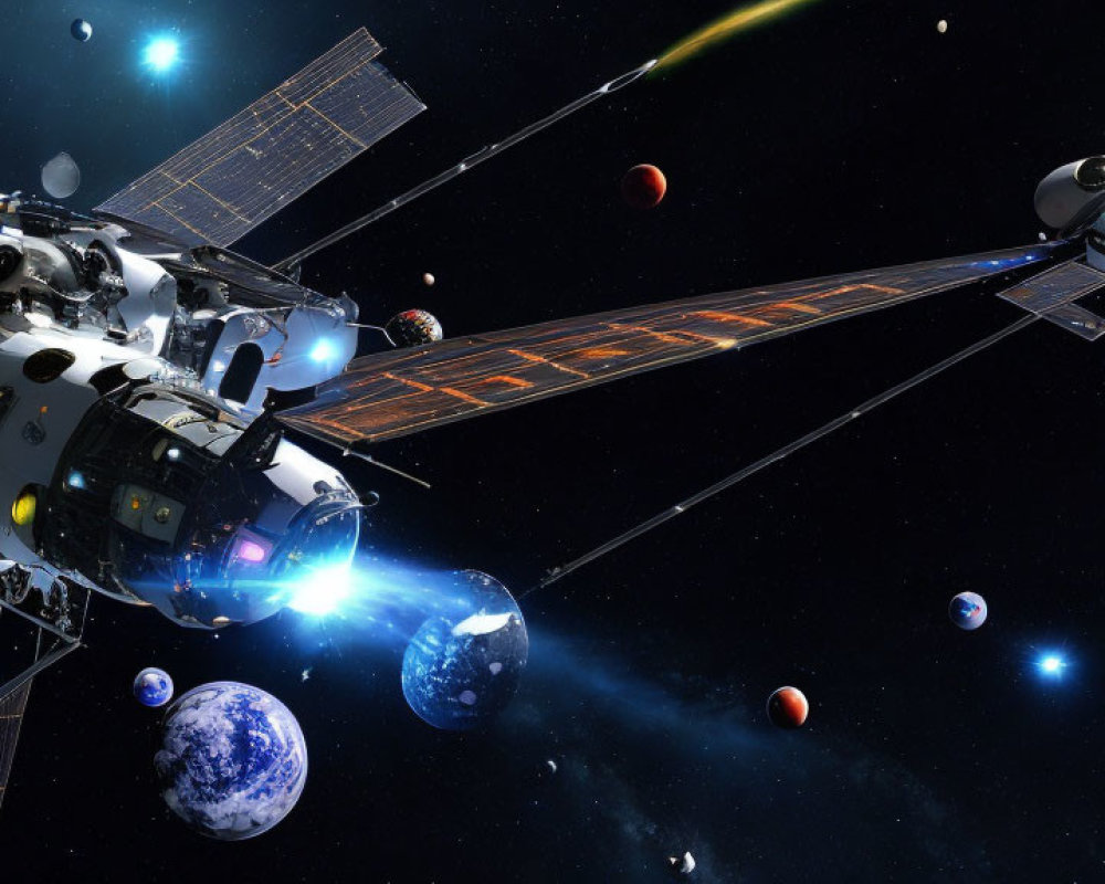 Spacecraft with Solar Panels Surrounded by Planets and Asteroids