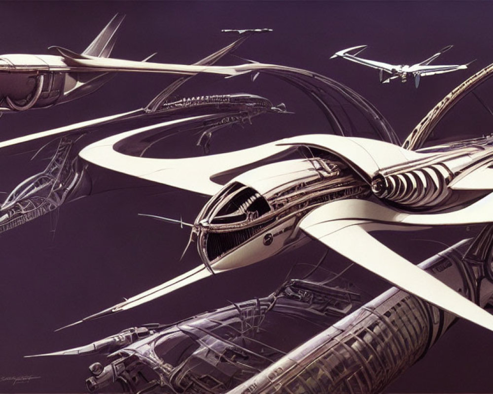 Sleek futuristic transportation hub with intertwined roads & flying vehicles