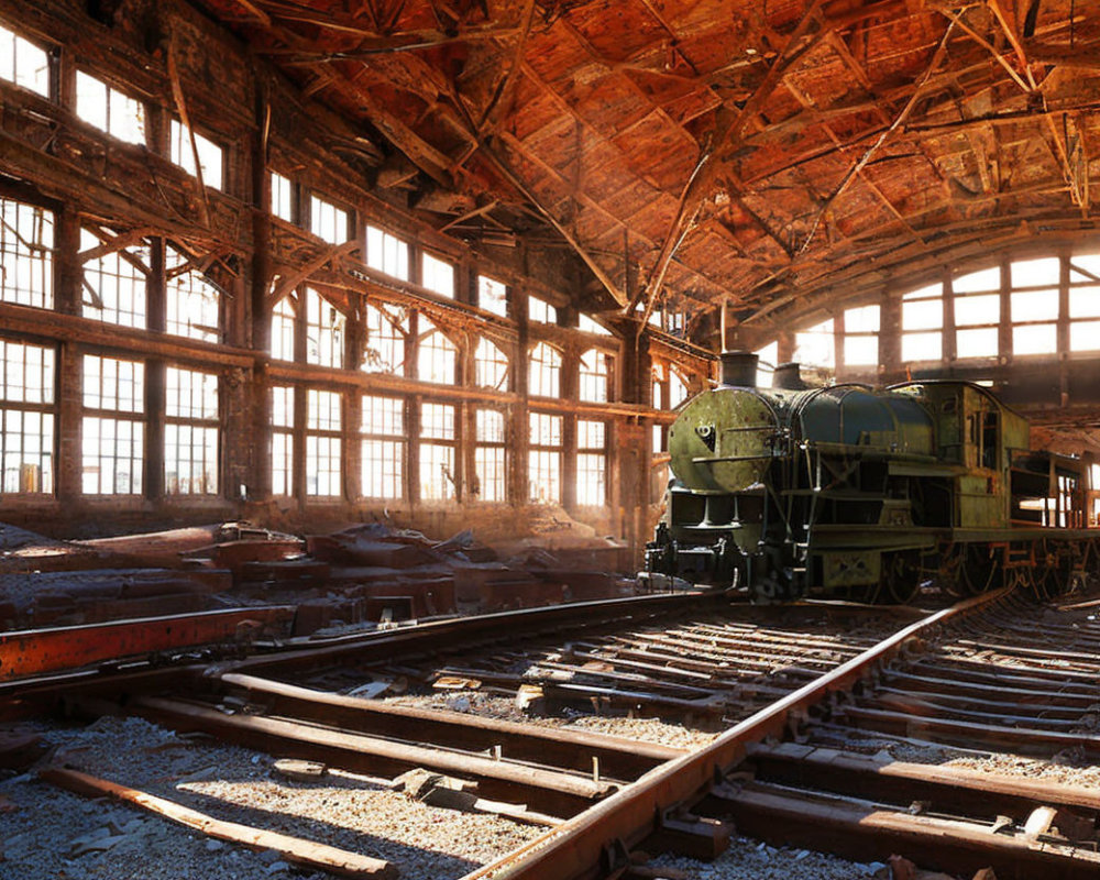 Vintage steam locomotive in abandoned industrial building