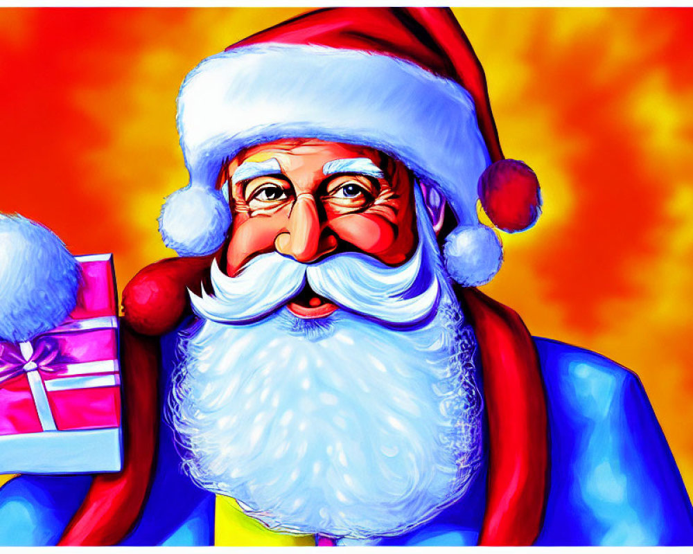 Vibrant Santa Claus illustration with white beard and red hat holding pink gift