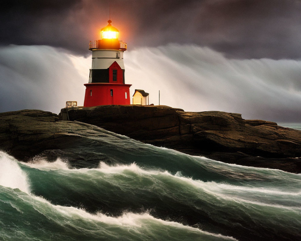 Red lighthouse on rocky cliffs under stormy sky with crashing waves