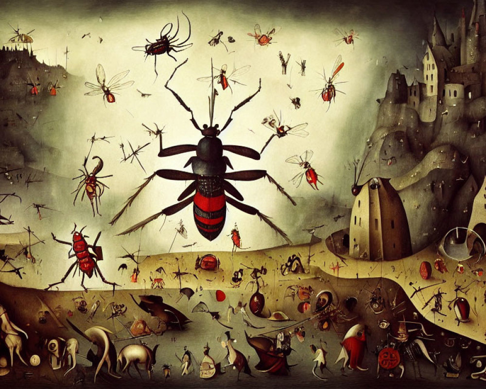 Fantastical Dark-Toned Image of Oversized Insects in Medieval Setting