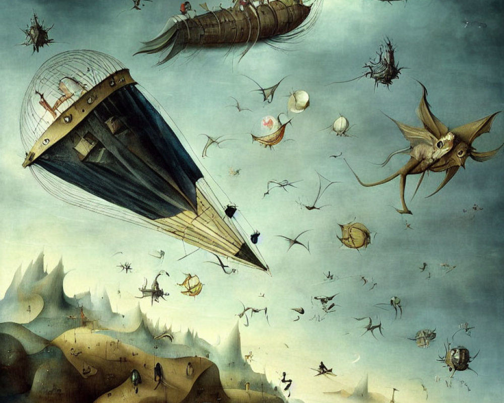 Surreal artwork: Flying ships, creatures in twilight sky.