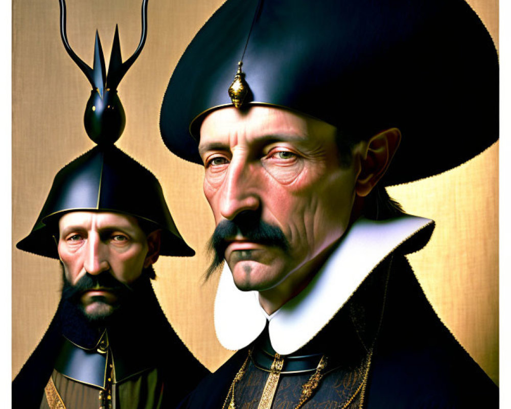 Men in historical attire with black hats and gold chain on plain background