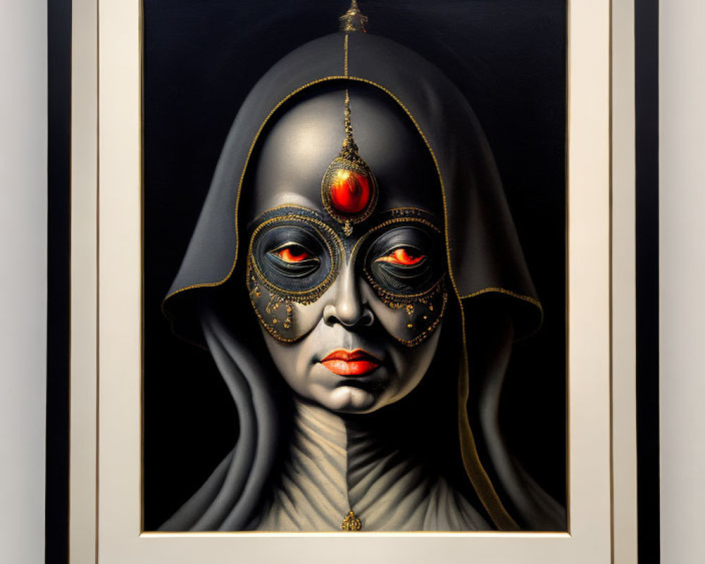 Surreal portrait with ornate facial decoration in black garment