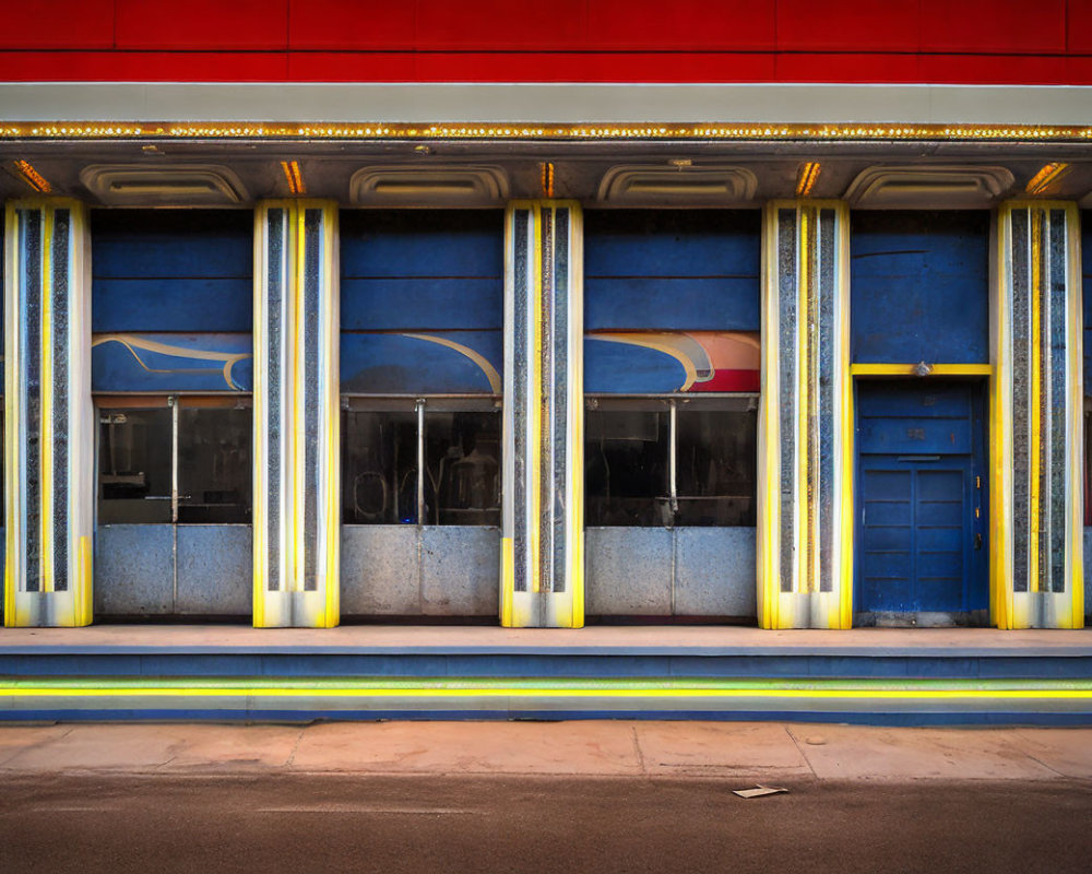 Vibrant Red and Blue Vintage Building Facade with Yellow Accents