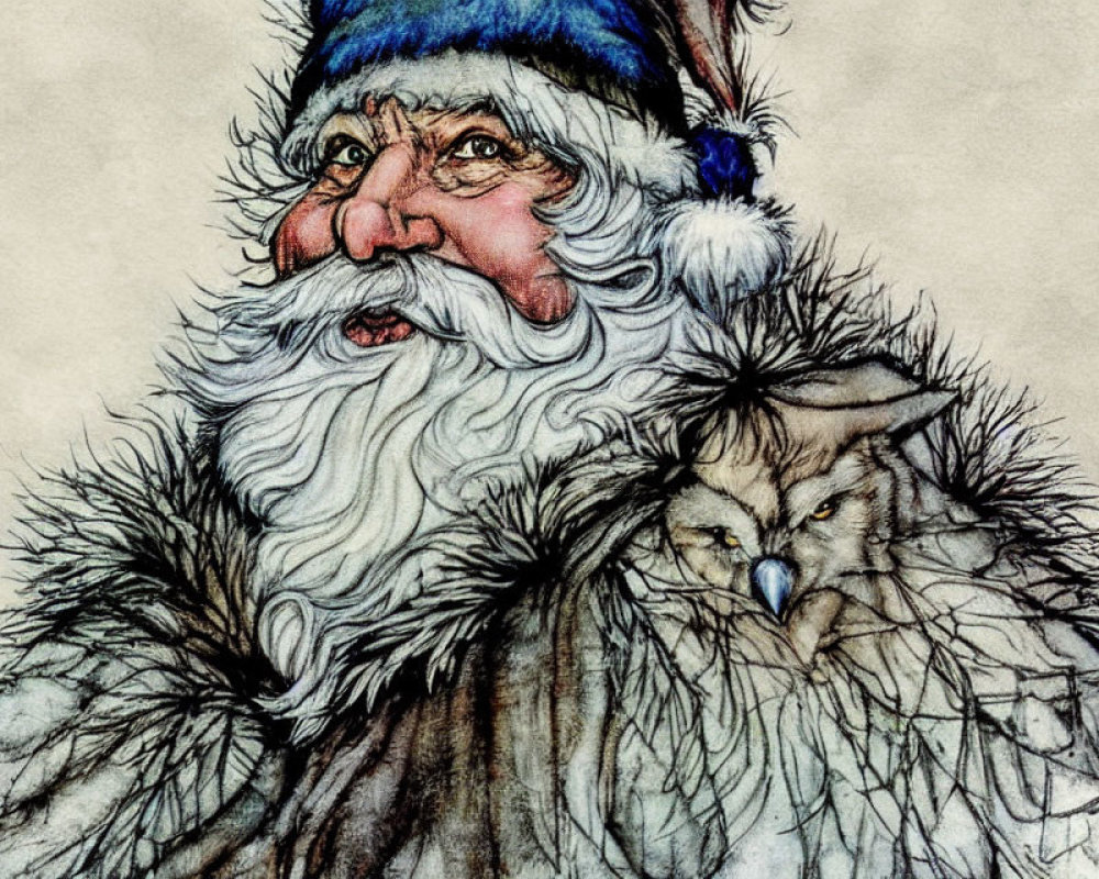 Detailed Santa Claus with rosy cheeks and blue hat, accompanied by white owl.