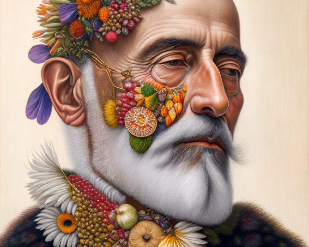 Man with Beard Adorned by Fruits, Flowers, and Plants