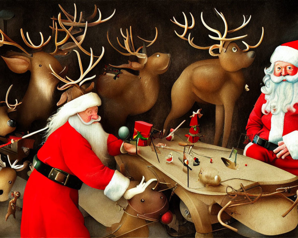 Santa Claus Workshop: Reindeer Building Toys on Wooden Table