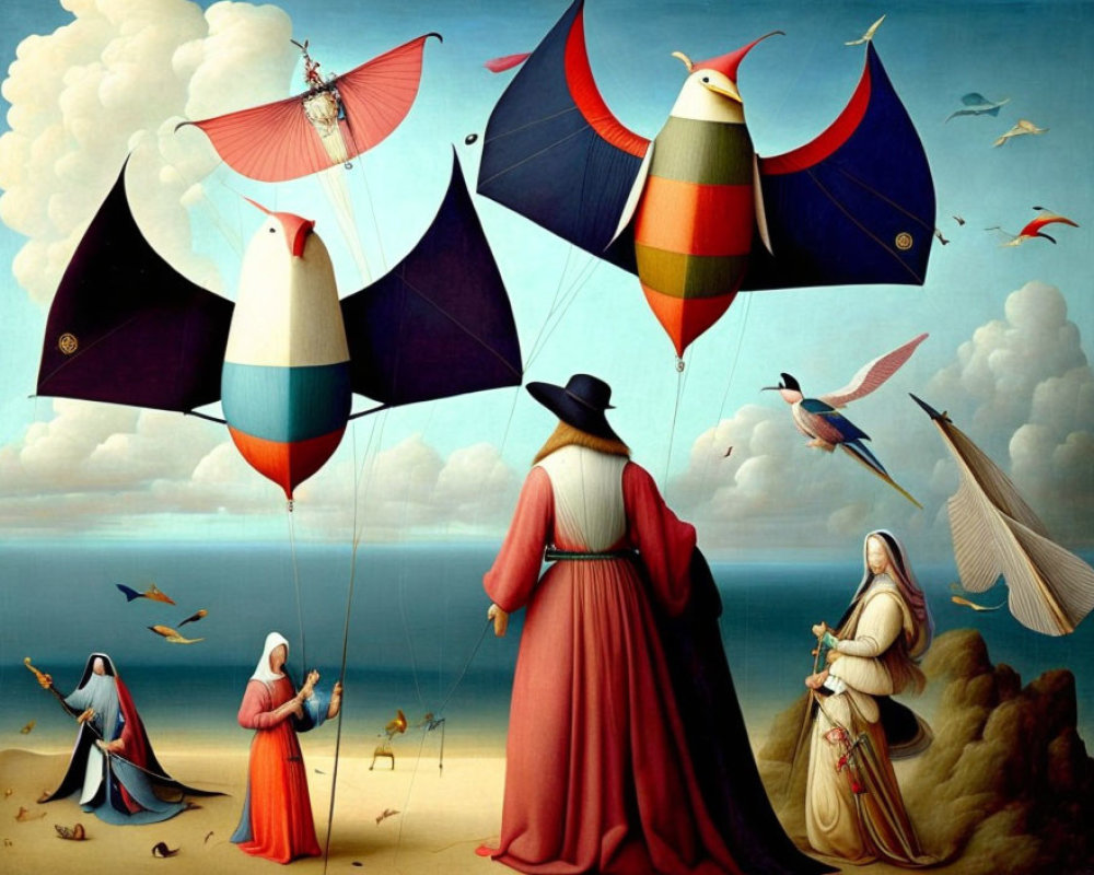 Surreal painting of people in Renaissance attire with bird-like kites against blue sky