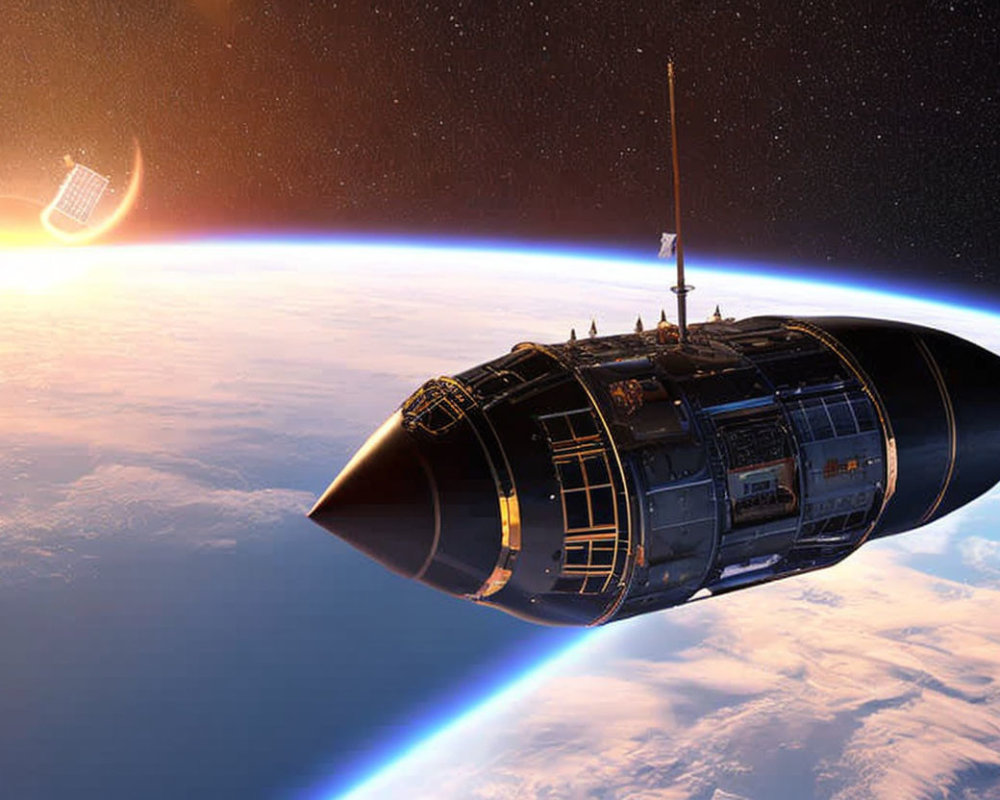 Futuristic spacecraft orbiting Earth with satellite and planet's atmosphere.