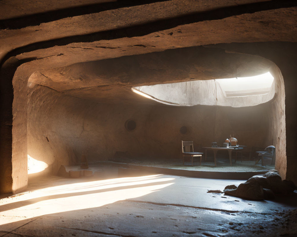 Sunlit Rock-carved Room with Simple Table and Chairs