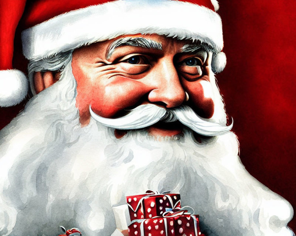 Smiling Santa Claus with White Beard and Red Hat Holding Gifts