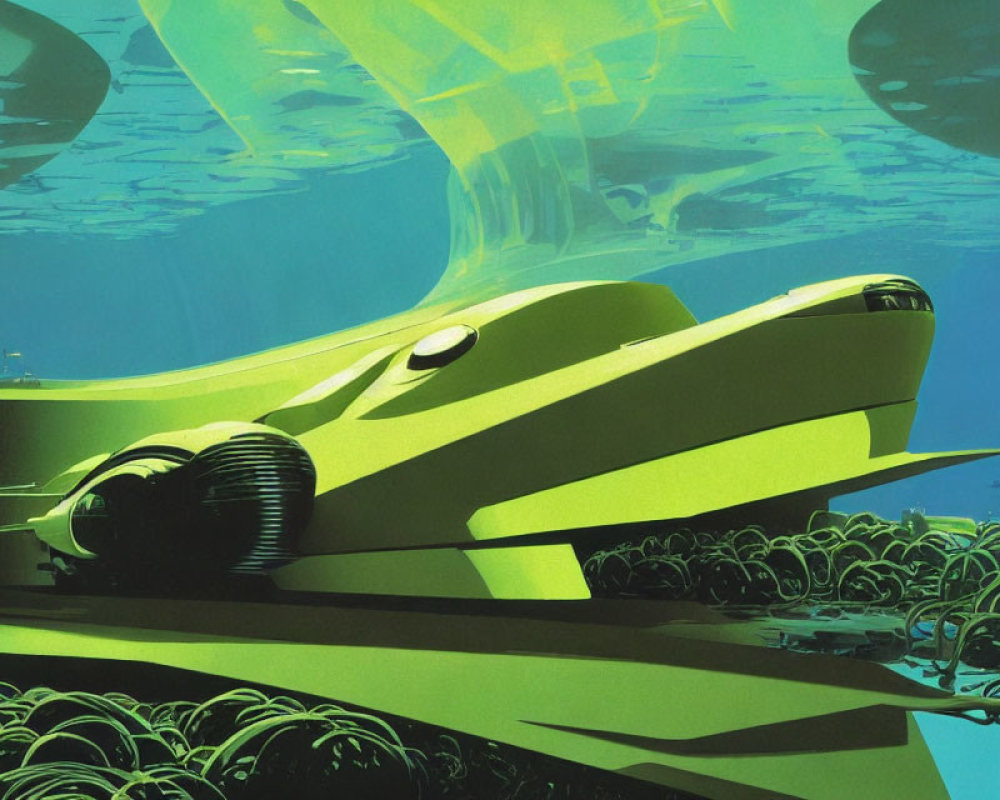 Futuristic underwater scene with submarine and vessels amidst aquatic flora