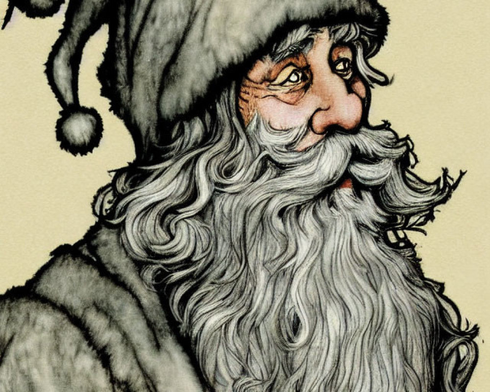 Classic Santa Claus Illustration with Long White Beard and Santa Hat