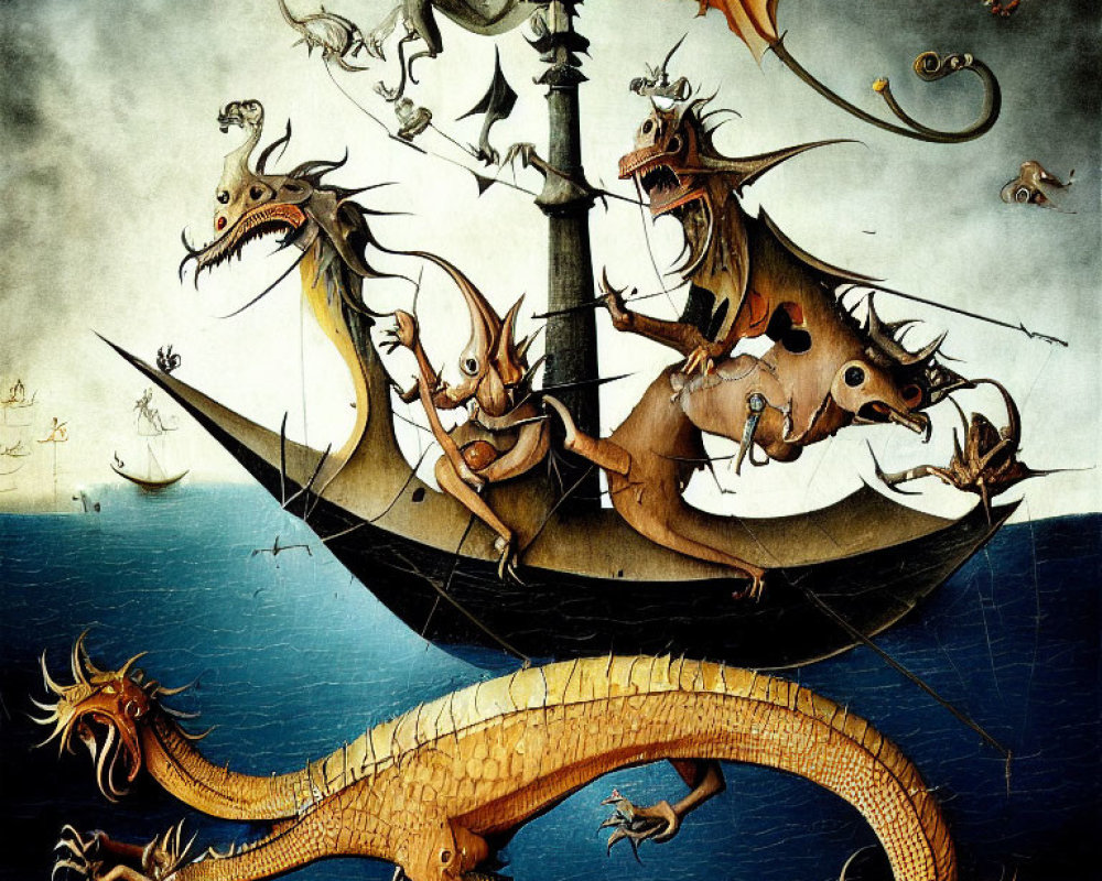 Fantastical ship with dragon-like masts sailing on sea