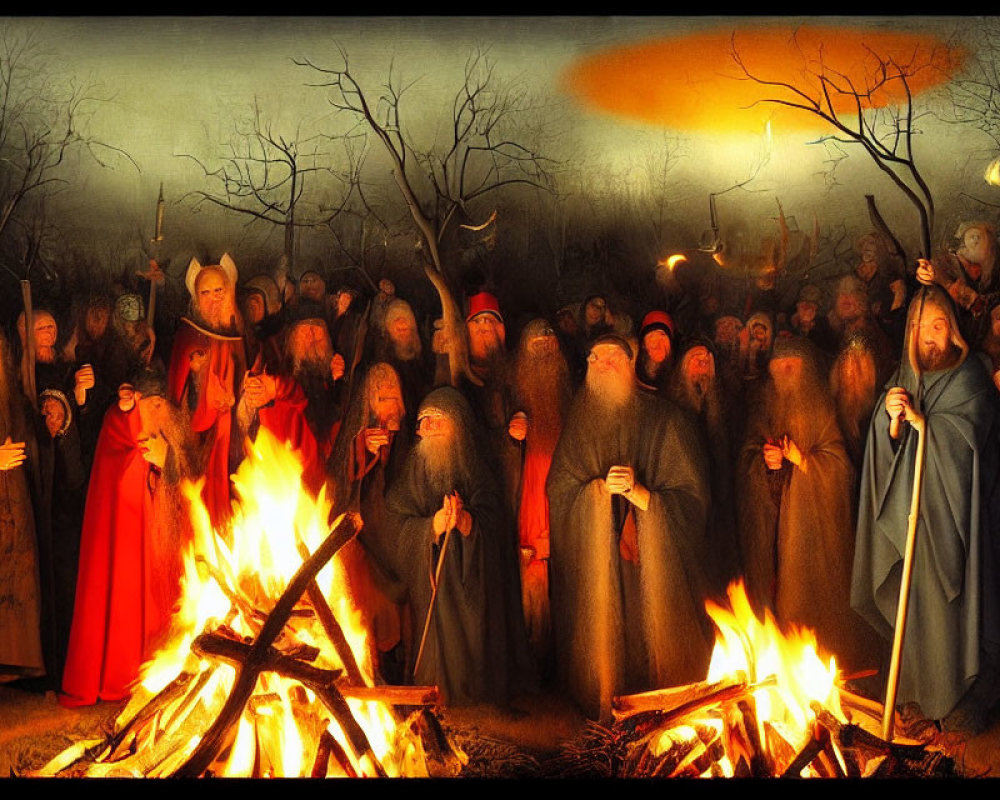 Robed Figures Gather Around Bonfires in Dark Landscape