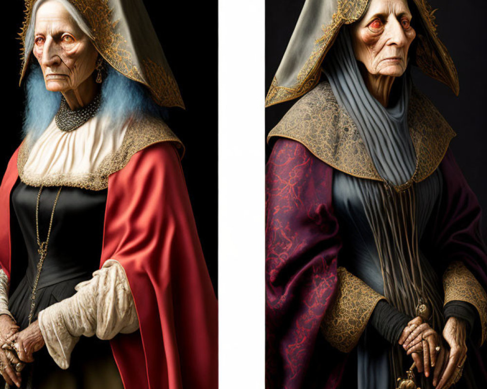 Elderly woman in medieval costumes - red and gold vs. blue and grey portraits