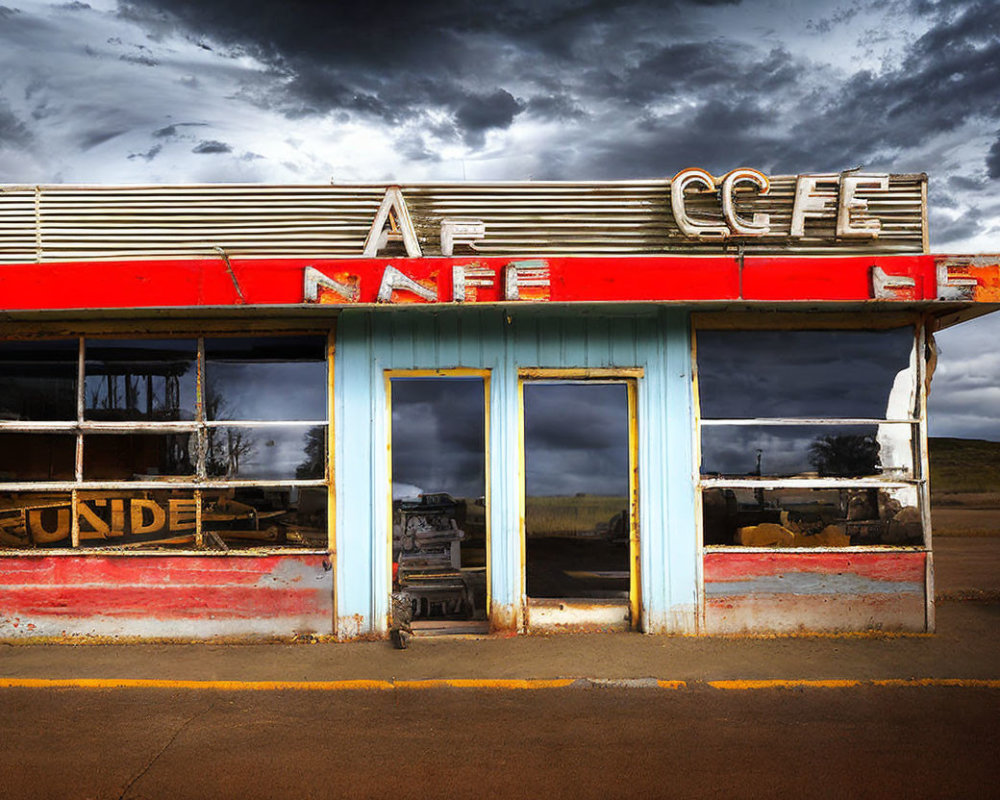 Weathered facade of abandoned cafe with broken windows and faded paint