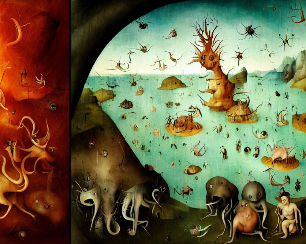 Fantastical creatures in surreal split landscape.